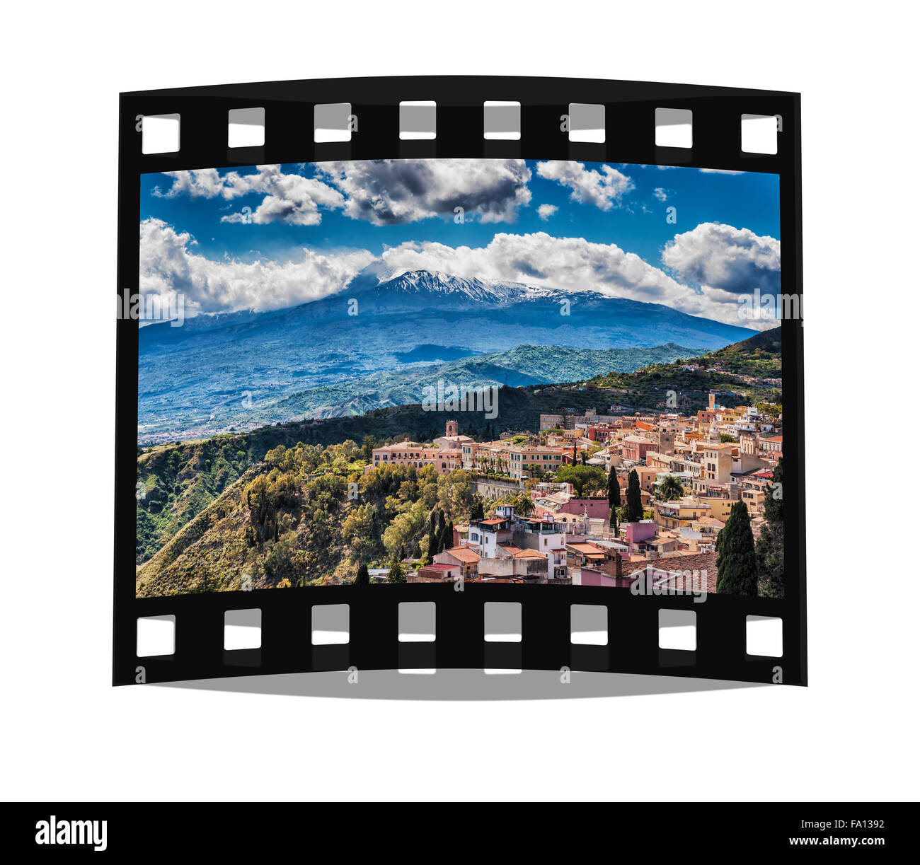 Blick auf die Stadt Taormina und den Ätna, Provinz Messina, Sizilien, Italien, Europa Stockfoto