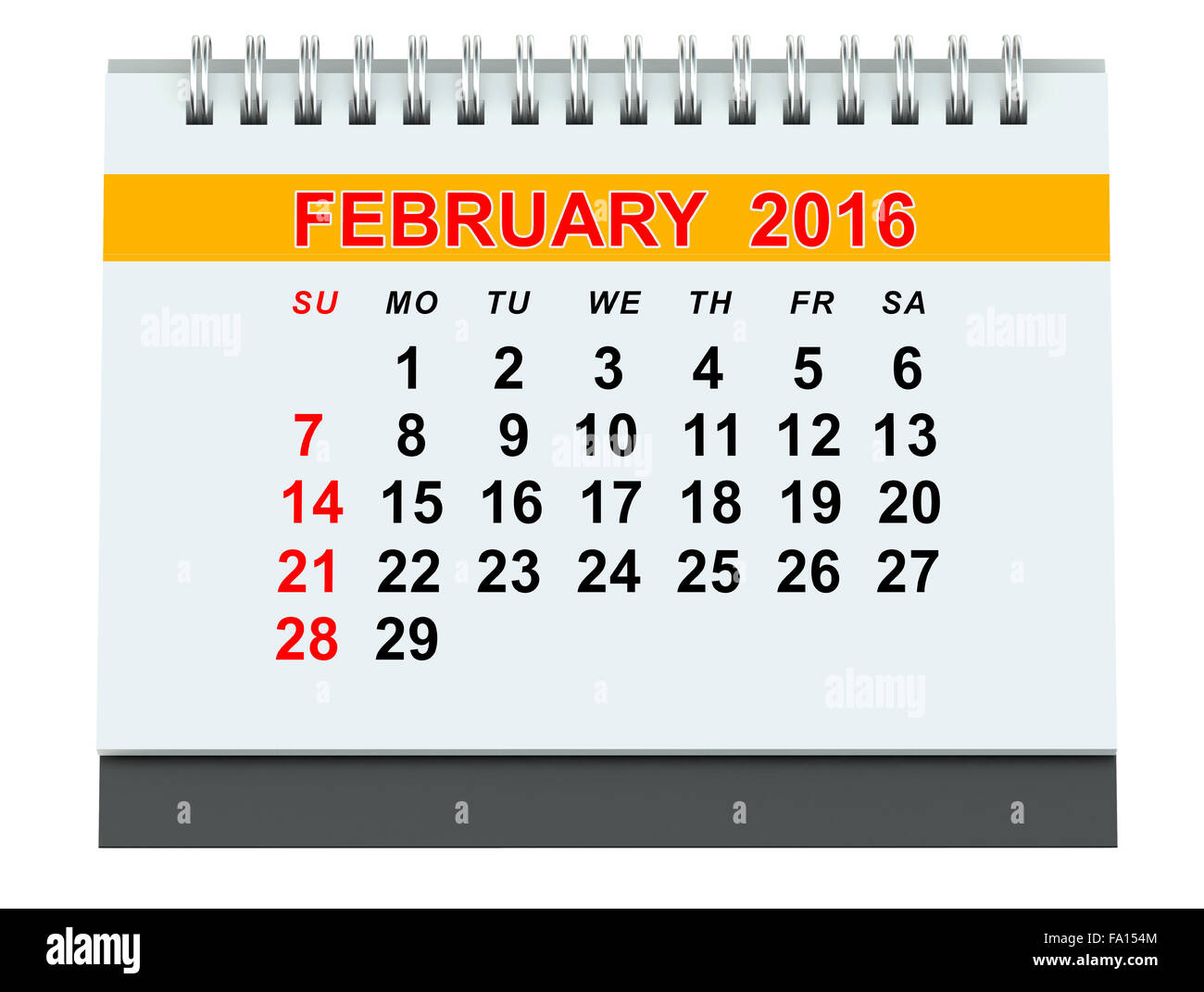 Kalender Februar 2016 isoliert auf weißem Hintergrund Stockfoto