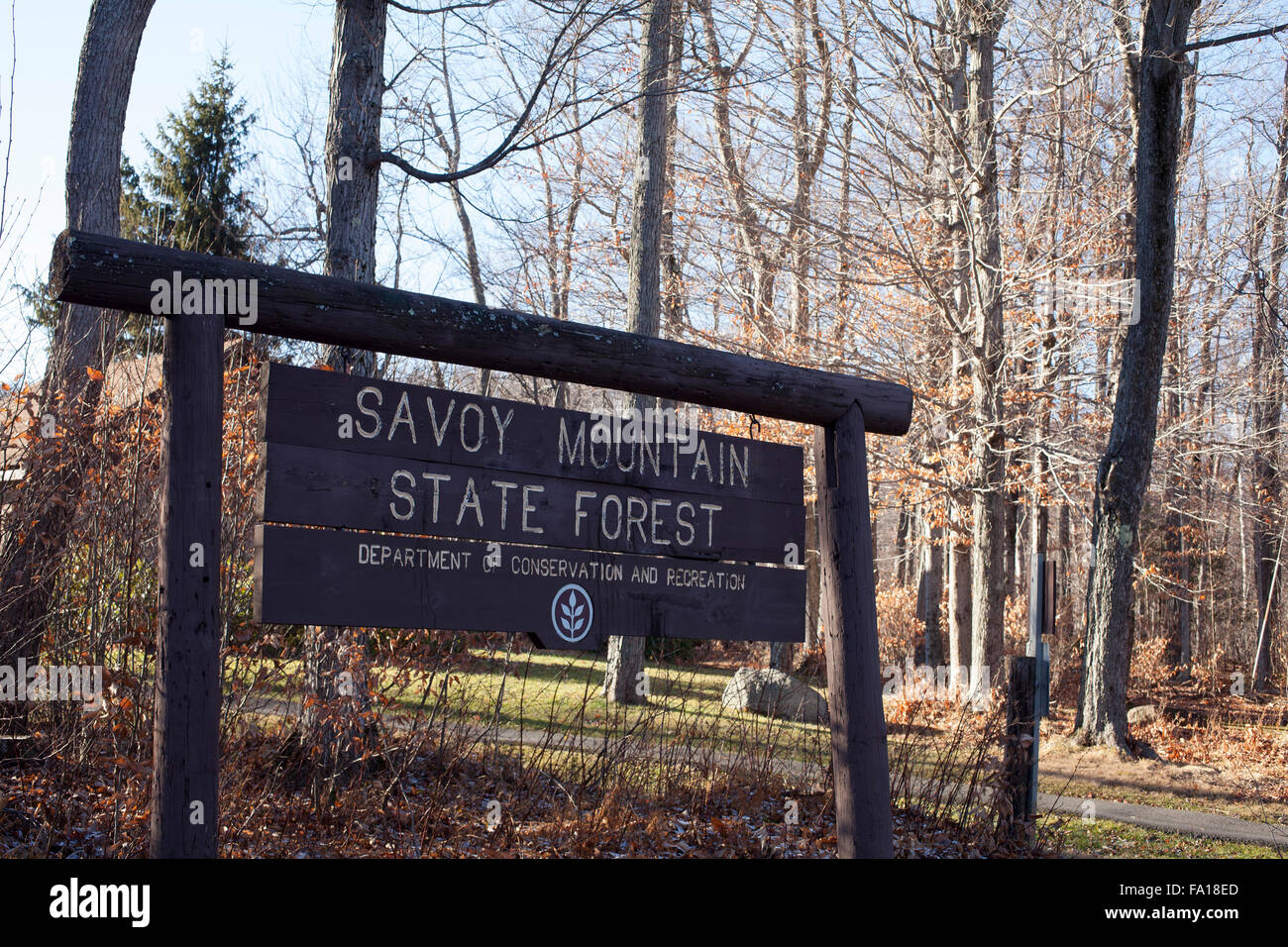 Melden Sie sich im Savoy Mountain State Forest bei North Pond, Savoy, MA.  Diese Staatswald wurde von der Civilian Conservation Corp gebaut. Stockfoto