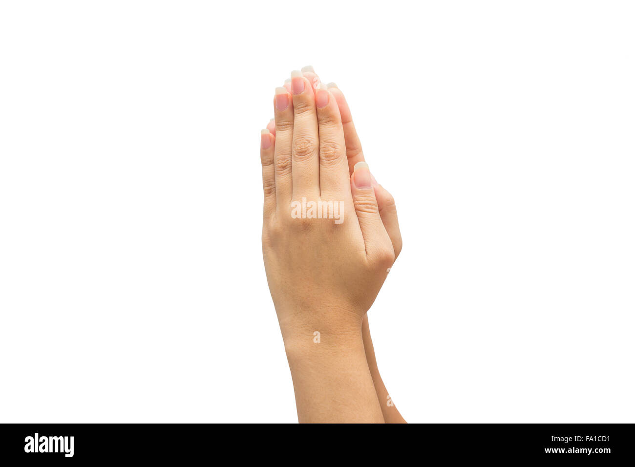 weibliche Hand auf die isoliert auf weißem Hintergrund legen die Handflächen zusammen Gruß Stockfoto