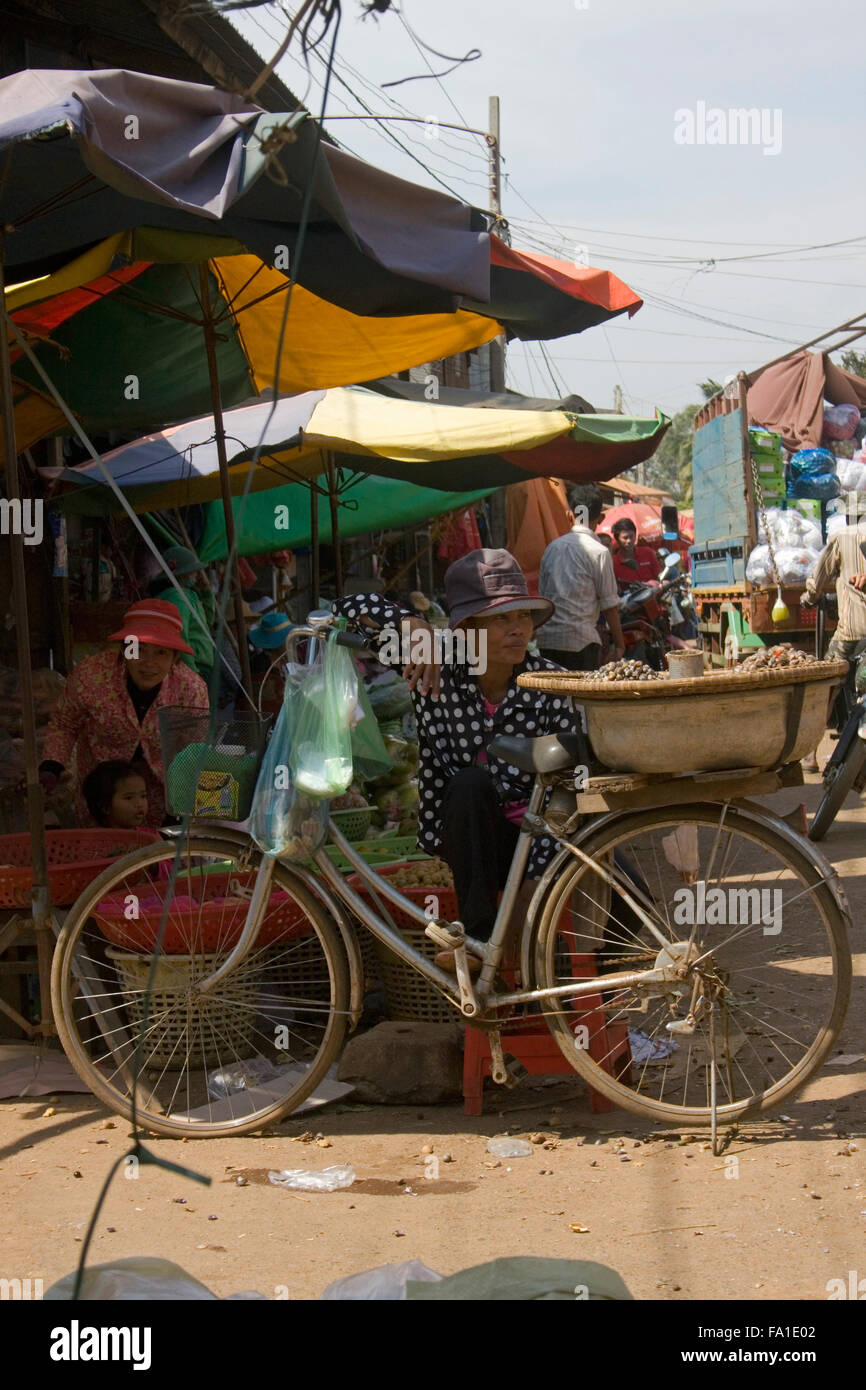 Eine Frau sitzt in der Nähe ein Fahrrad Verkauf von Schnecken am Hauptmarkt in Ou Reang Ov Bezirk, Kambodscha. Stockfoto