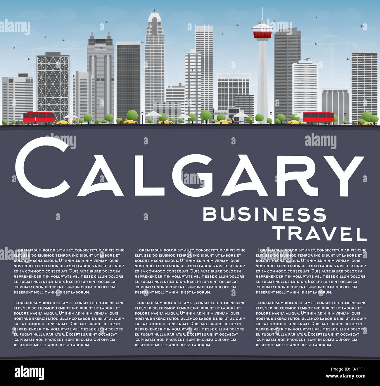 Skyline von Calgary mit grauen Gebäuden, blauer Himmel und Textfreiraum. Vektor-Illustration. Business-Reisen und Tourismus-Konzept Stock Vektor