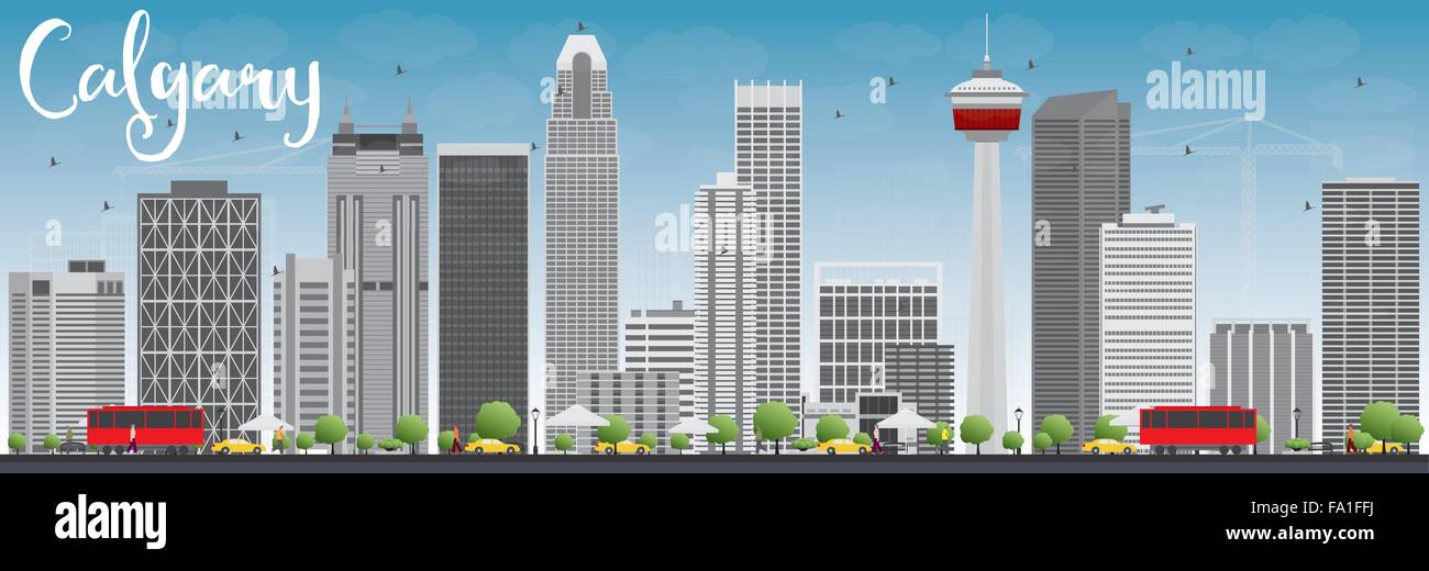 Skyline von Calgary mit grauen Gebäuden und blauer Himmel. Vektor-Illustration. Business-Reisen und Tourismus-Konzept mit modernen Gebäuden Stock Vektor