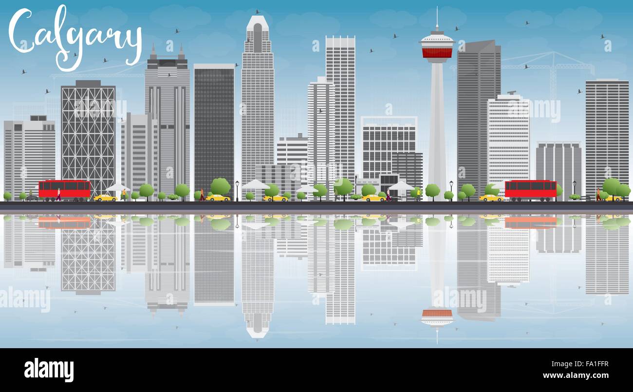 Skyline von Calgary mit grauen Gebäuden, blauer Himmel und Reflexionen. Vektor-Illustration. Business-Reisen und Tourismus-Konzept Stock Vektor