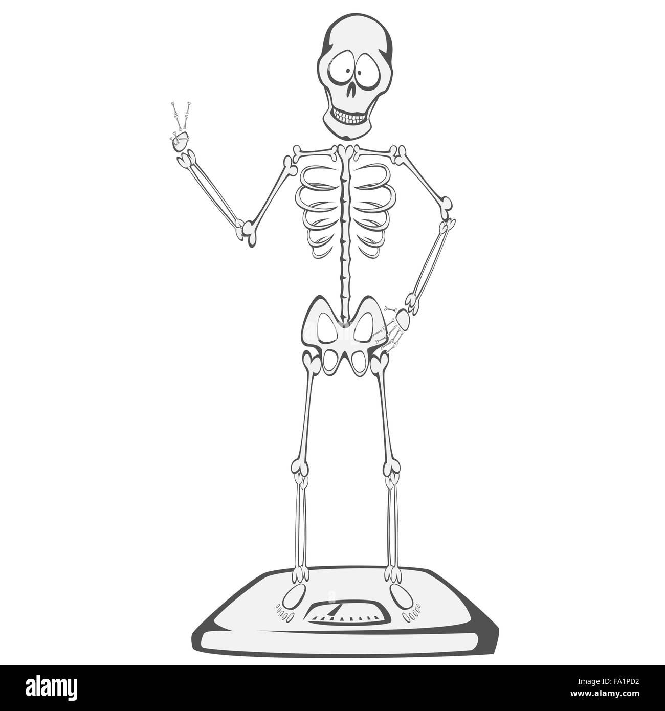 Skelett Buddy - ein Skelett auf einer Skala steht und zeigt Victory-Zeichen (erfolgreiche Diät) Stockfoto