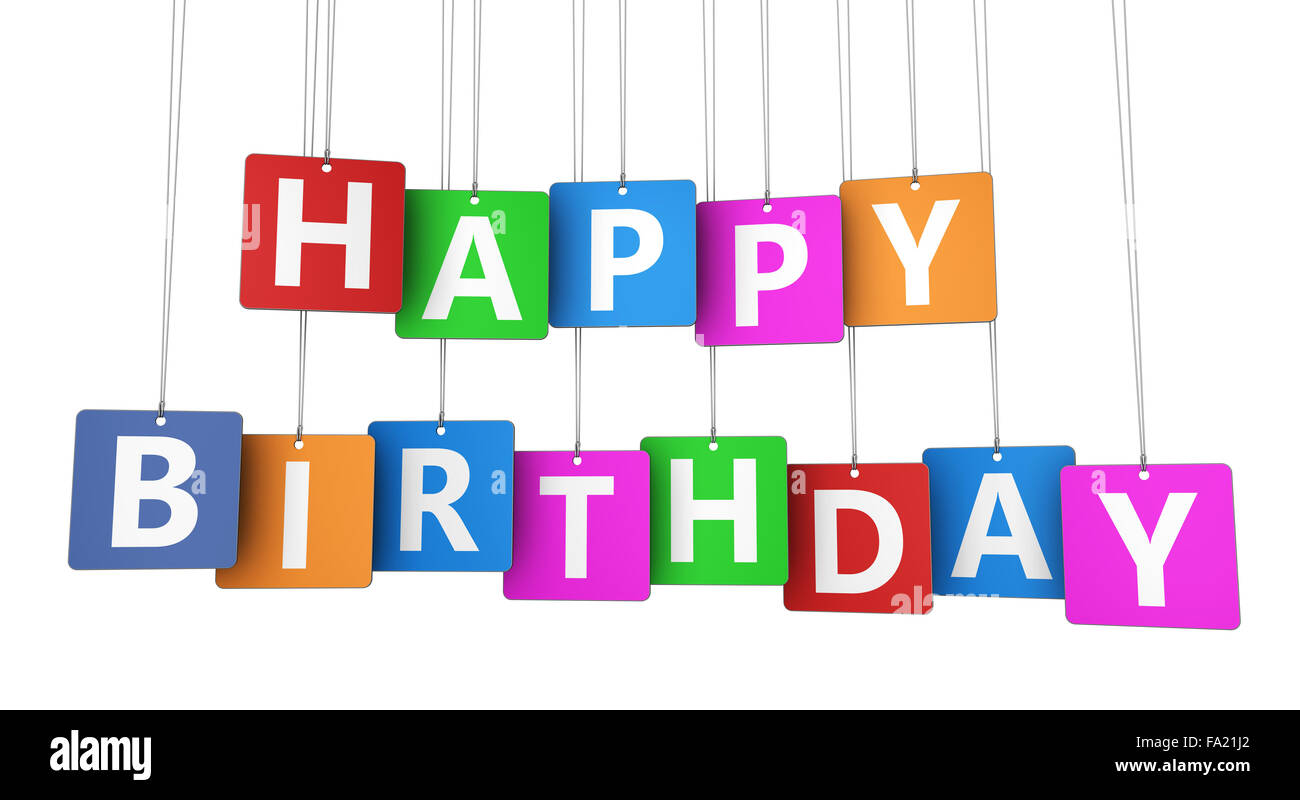 Alles Gute zum Geburtstag Schild an bunten Tags Konzept mit Wort und Buchstaben für die Dekoration und kreative Karte Design 3d-Darstellung. Stockfoto