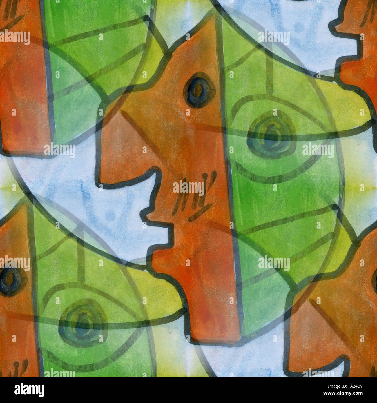 Kunst braun grüne Gesicht Kubismus abstrakte Stil von Picasso nahtlose Tapete Aquarell Stockfoto