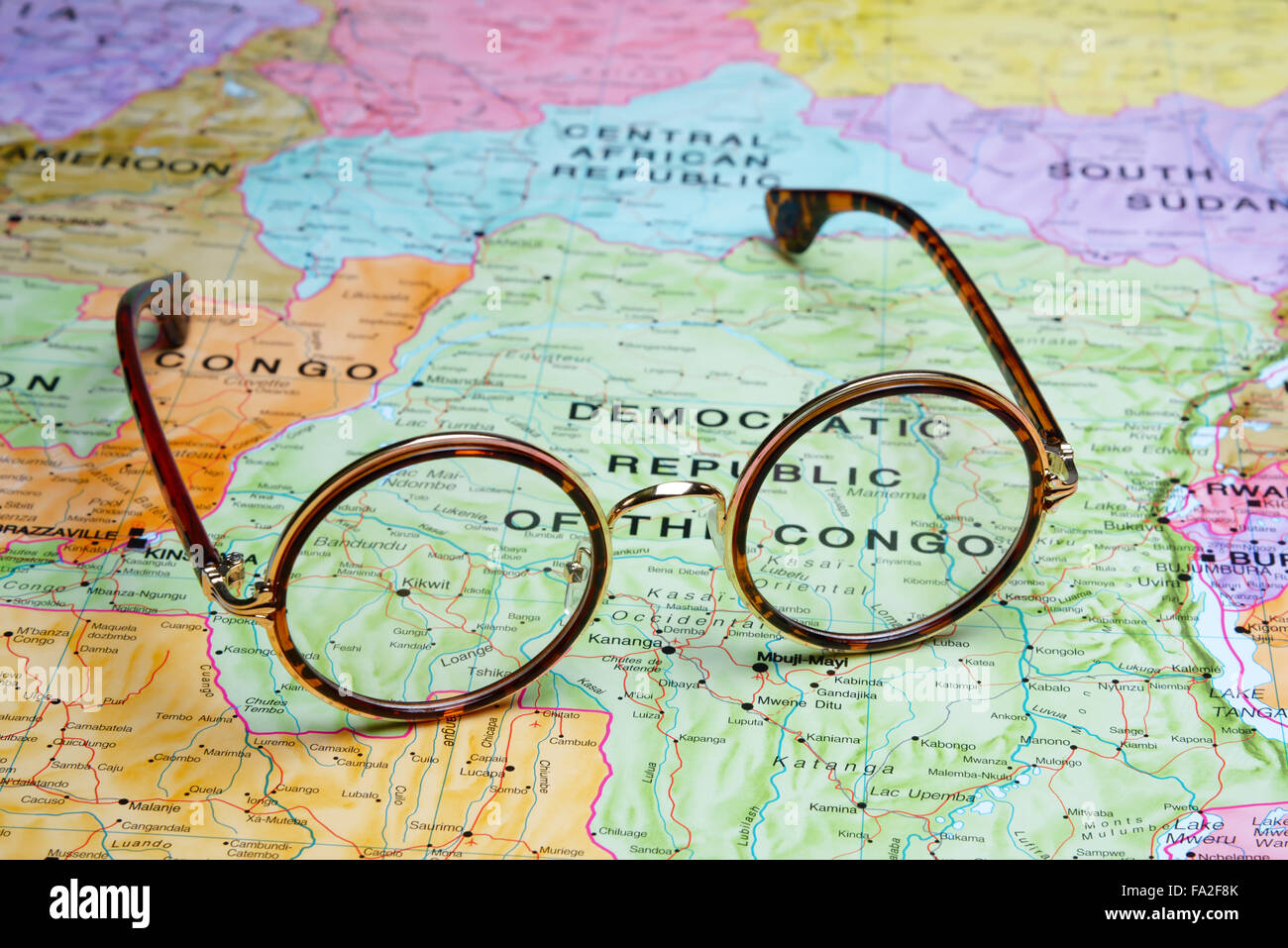 Brille auf Karte - demokratische Republik Kongo Stockfoto