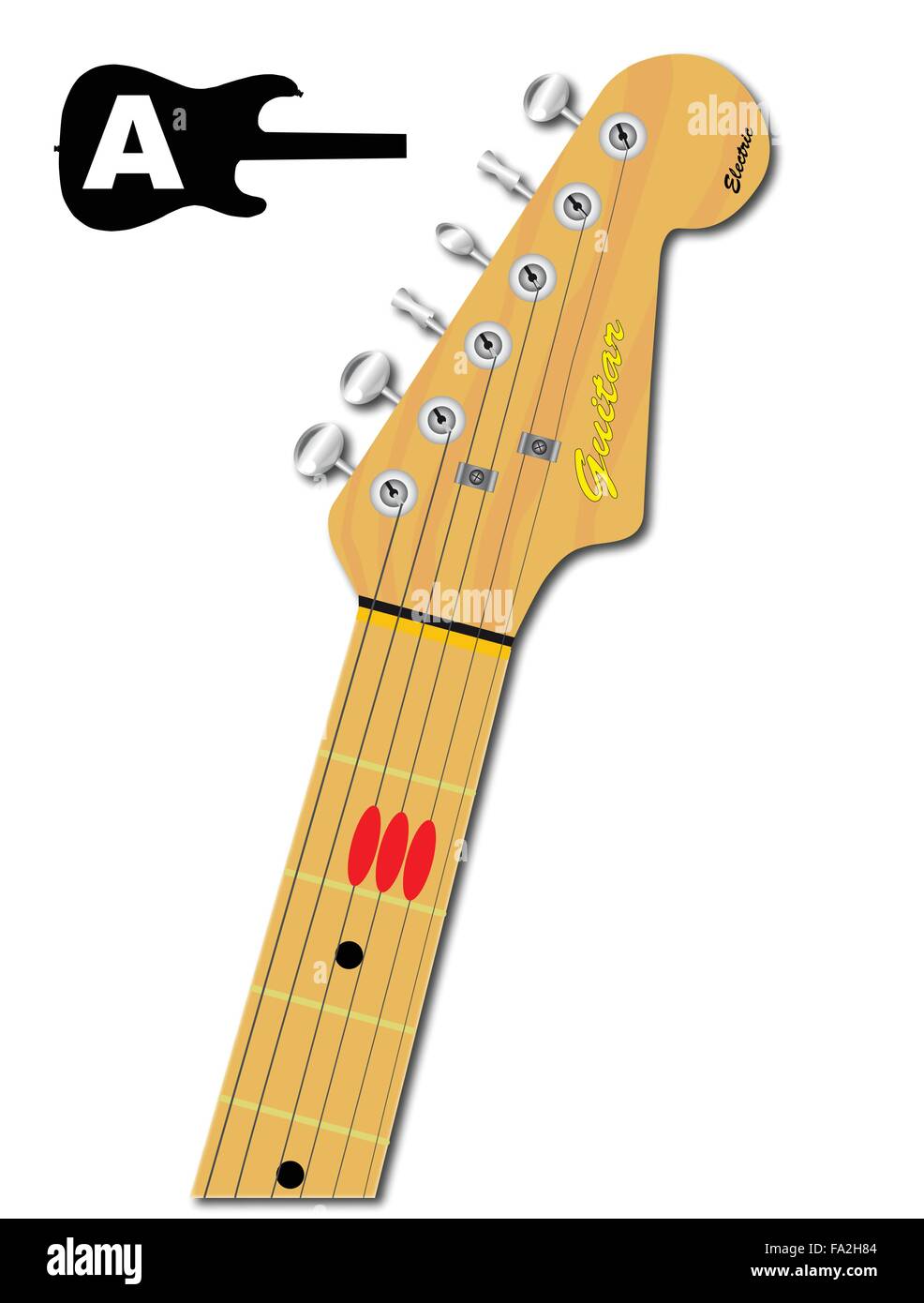 Eine e-Gitarrenhals mit der Akkord-Form für einen großen angegeben mit roten Tasten Stock Vektor