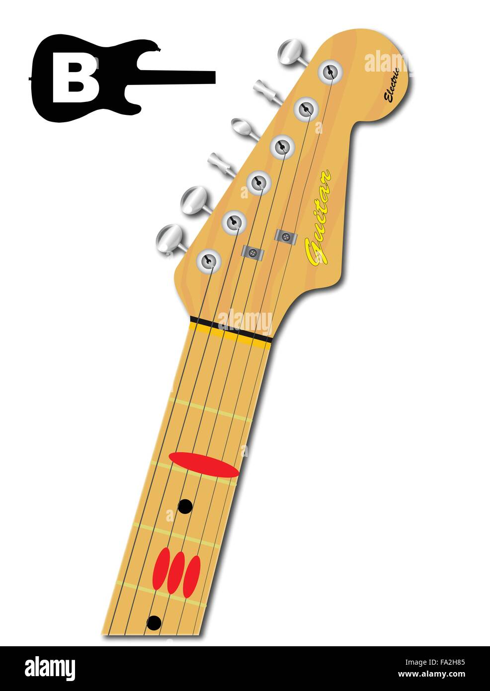 Eine e-Gitarrenhals mit der Akkord-Form für H-Dur angegeben mit roten Tasten Stock Vektor