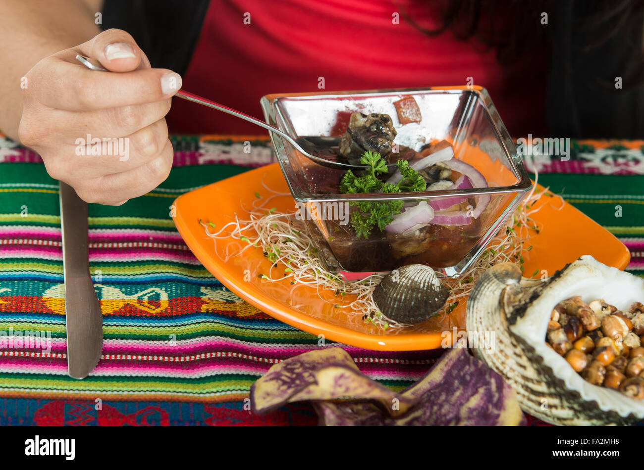 Köstliche ecuadorianische Meeresfrüchte, cebiche Stockfoto