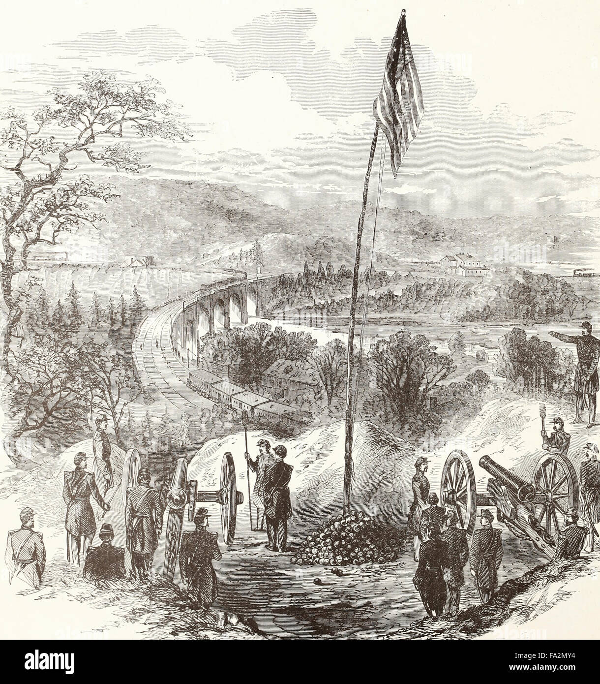 Das Bouquet Batterie Kommandeur des Viadukts über den Patapsco River auf der Baltimore and Ohio Railroad, in der Nähe der Relais-Haus im Jahre 1861. USA Bürgerkrieg Stockfoto