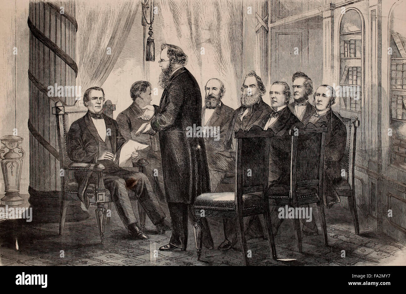 Der erste Kabinettssitzung unter der Verwaltung von Andrew Johnson im Treasury Building, 16. April 1865 Stockfoto