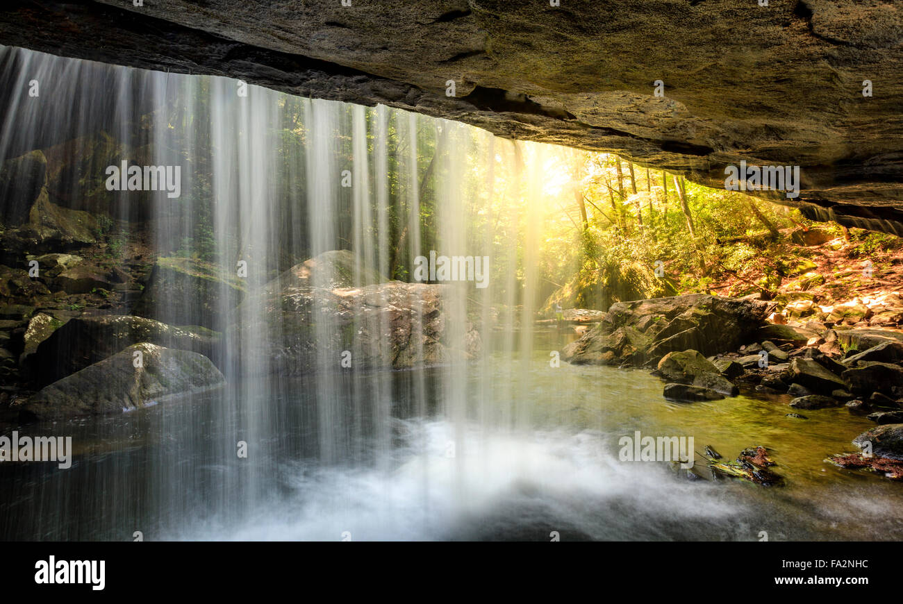 Hund fällt Schlachtung im Daniel Boone National Forest im südlichen Kentucky. Blick aus einer Höhle hinter dem Wasserfall Stockfoto