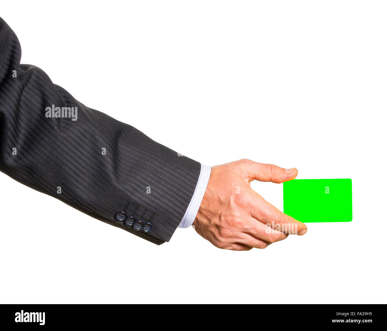 Weiße Kunststoff Karte in der Hand des Menschen. Isoliert auf weiss Stockfoto