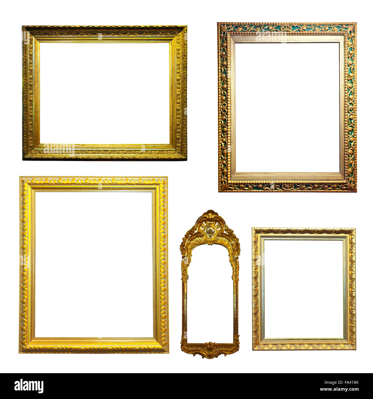Satz von wenigen Luxus vergoldeten Rahmen. Isoliert auf weißem Hintergrund mit Beschneidungspfad Stockfoto