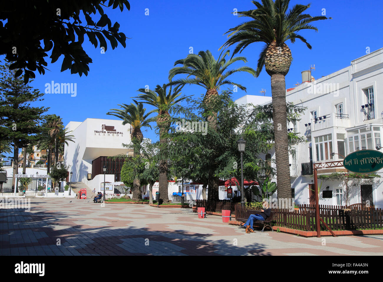 Paseo Alameda Fußgängerzone Avenue Straße Tarifa, Provinz Cadiz, Spanien Palm Bäume blauer Himmel Sonnenschein Stockfoto