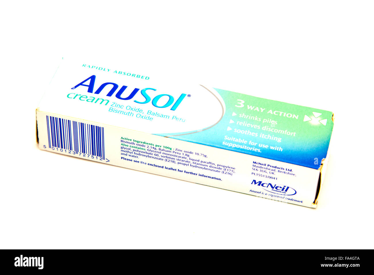 Anusol Creme für Hämorrhoiden oder Hämorrhoiden Erleichterung, Ausschnitt weißen Hintergrund ausschneiden, isoliert Textfreiraum Stockfoto