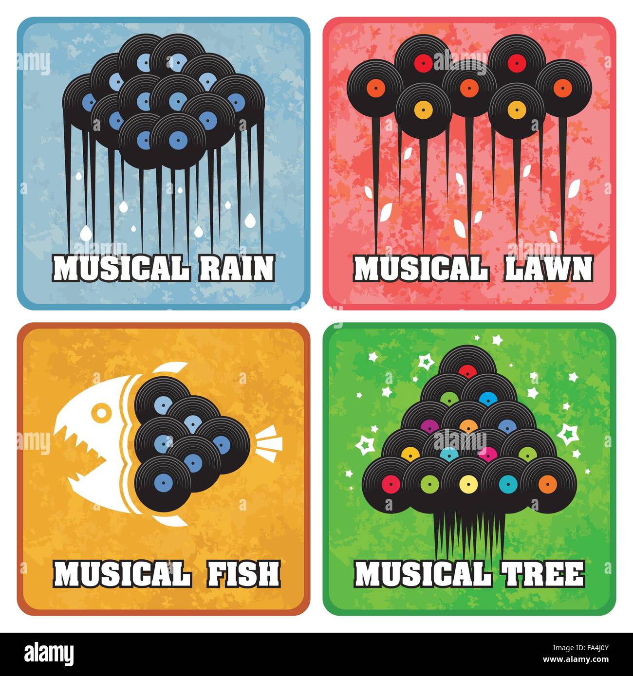 Konzeptionelle Reihe von kreativen LP Vinyl Icons mit Zeichen; Vektor-Illustration der musikalischen Regen, Rasen, Fisch und Baum aus Vinyl rec Stock Vektor