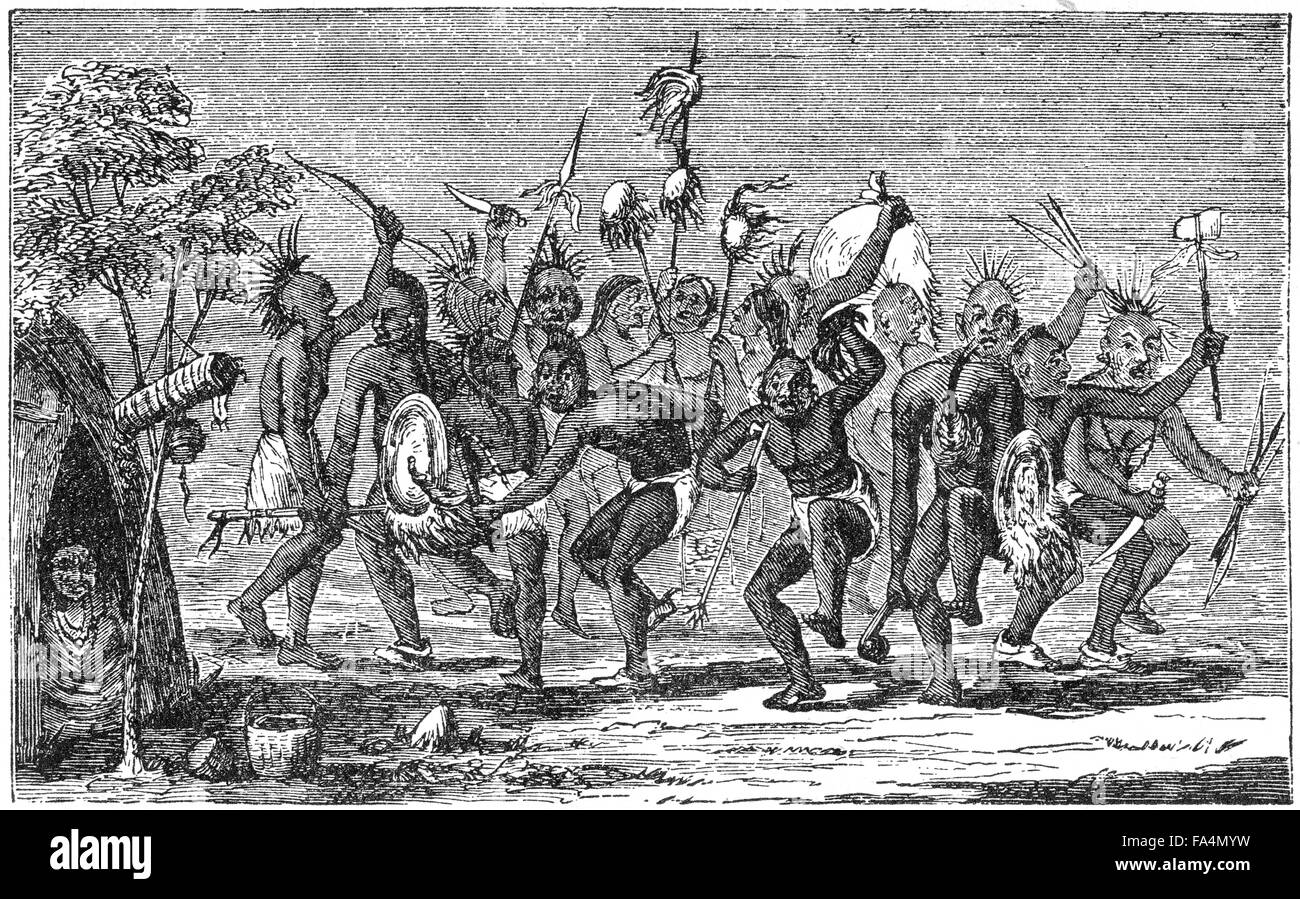 "Tanz mit der Witwe eines Kriegers", Stamm unbekannt, buchen Sie Abbildung von "Indische Schrecken oder Massaker der roten Männer" von Henry Davenport Northrop, 1891 Stockfoto