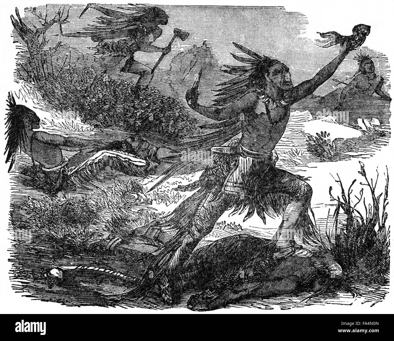 "Indianer Scalping ihre Opfer", buchen Sie Abbildung von "Indische Schrecken oder Massaker der roten Männer" von Henry Davenport Northrop, 1891 Stockfoto