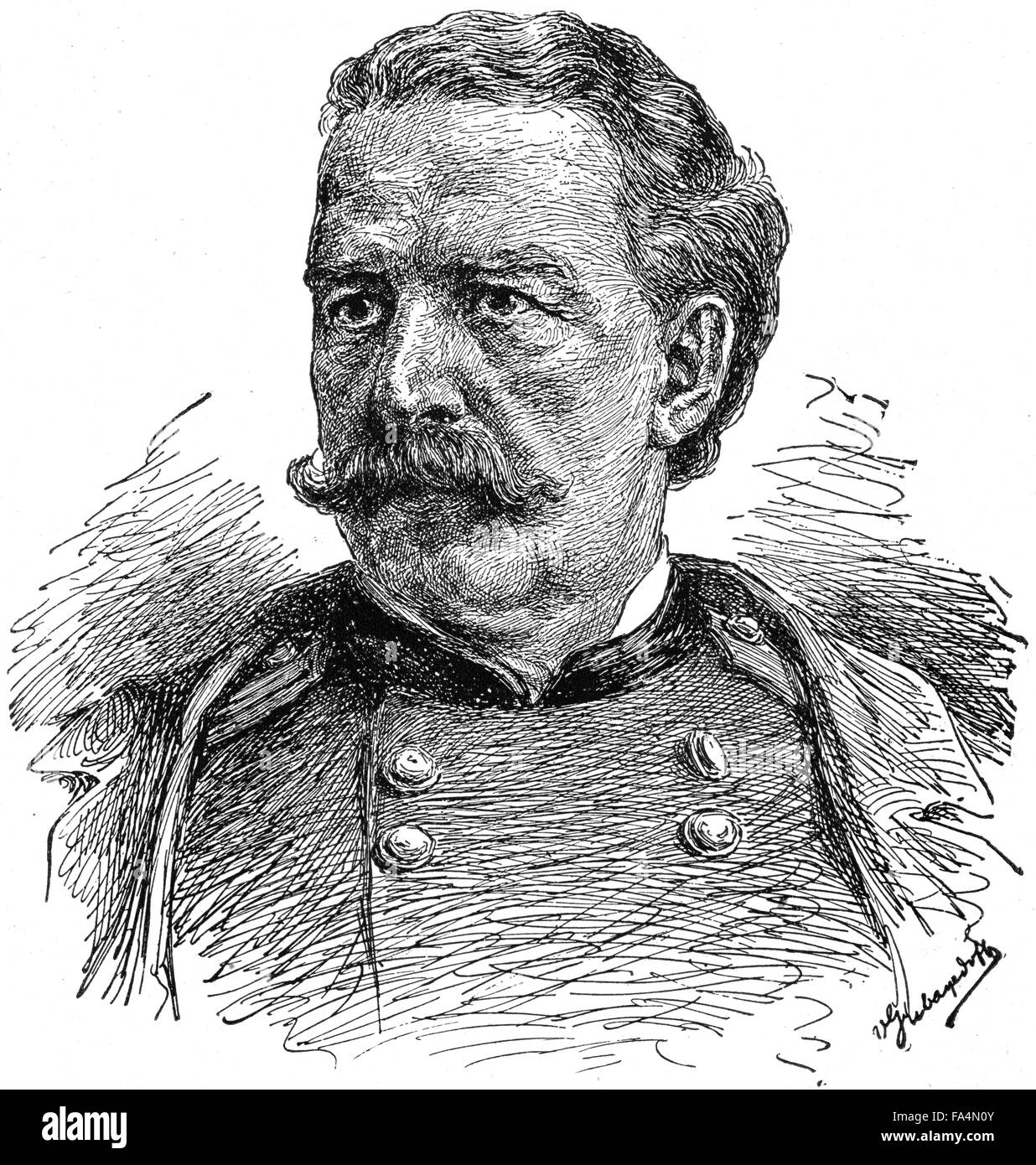 General Nelson A. Miles (1839-1925), Bürgerkrieg, US-Armee Kampagnen gegen den gebürtigen amerikanischen Stämmen, Spanish-amerikanischer Krieg, durch die Künstler V. Grebayedoff, Buch Illustration aus "Indische Schrecken oder Massaker der roten Männer" von Henry Davenport Northrop, 1891 Stockfoto