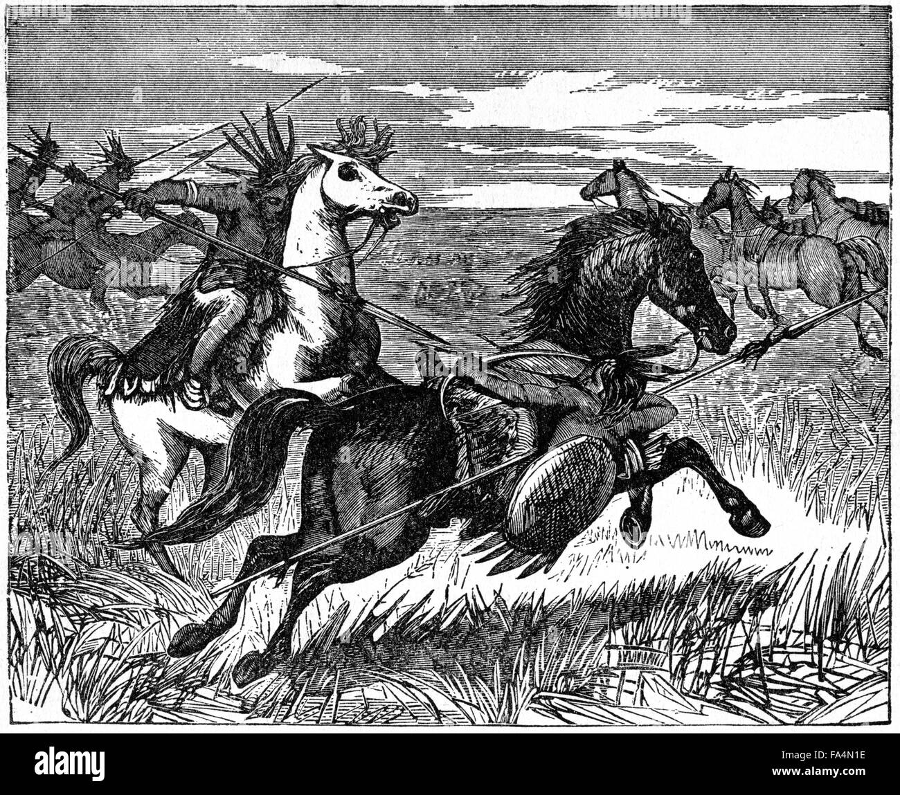 "Sioux Krieger auf dem Rücken der Pferde", buchen Sie Abbildung von "Indische Schrecken oder Massaker der roten Männer" von Henry Davenport Northrop, 1891 Stockfoto