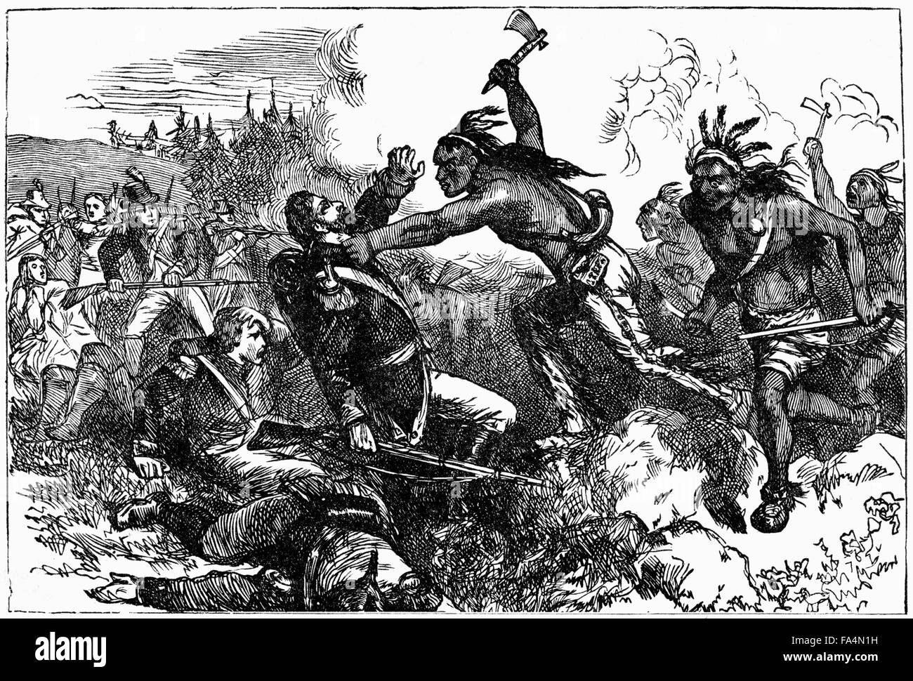 "Vernichtung der Garnison an Wyoming", Wyoming Valley, Pennsylvania, Kampf zwischen amerikanischen Patrioten und Loyalisten begleitet von Irokesen während Amerikanischer revolutionärer Krieg, 1778, Buch Illustration aus "Indische Schrecken oder Massaker der roten Männer" von Henry Davenport Northrop, 1891 Stockfoto