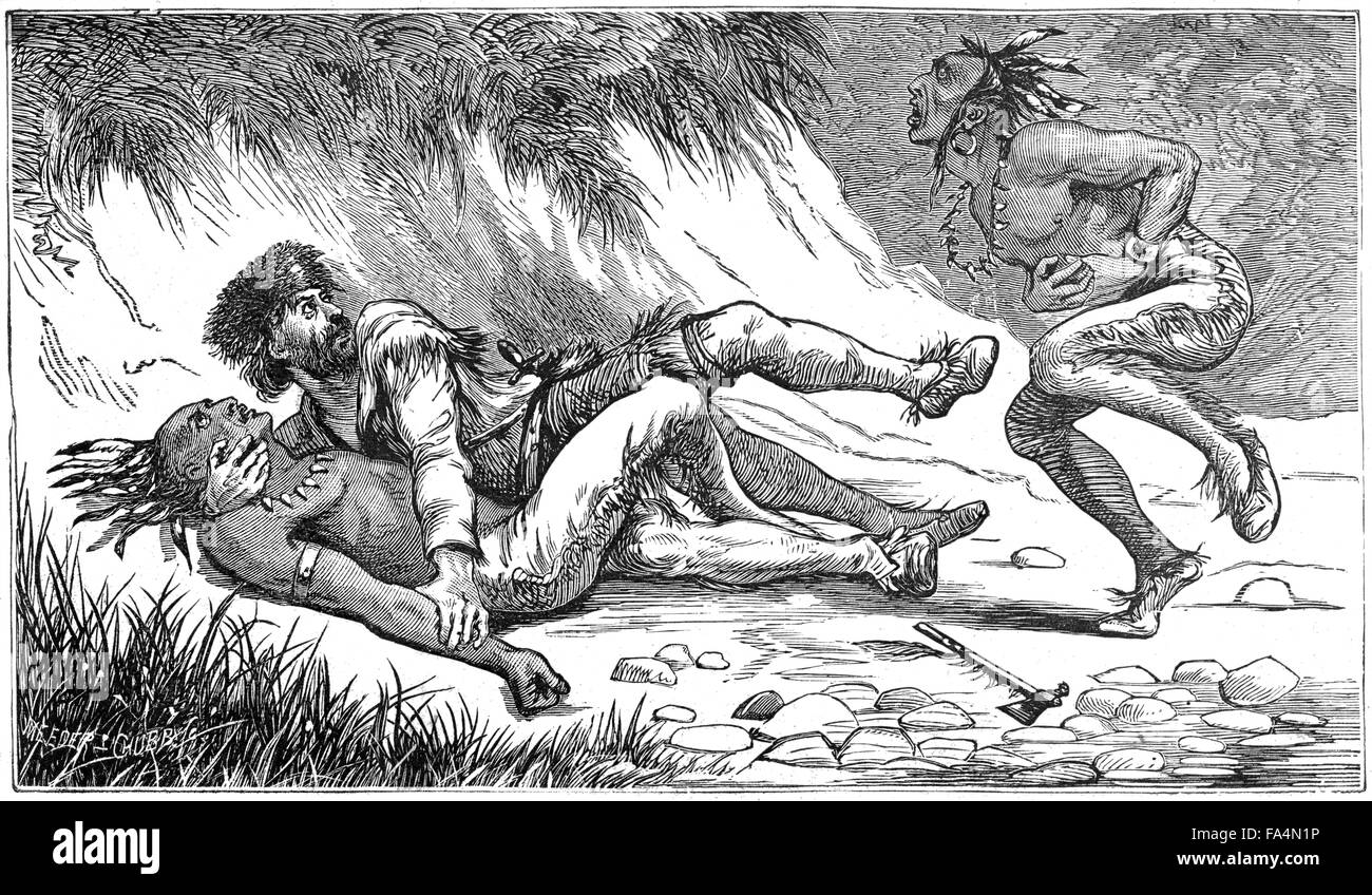 Andrew Poes berühmten Kampf mit Wyandot Chief Bigfoot", 1871, buchen Sie Abbildung von"Indische Schrecken oder Massaker der roten Männer"von Henry Davenport Northrop, 1891 Stockfoto