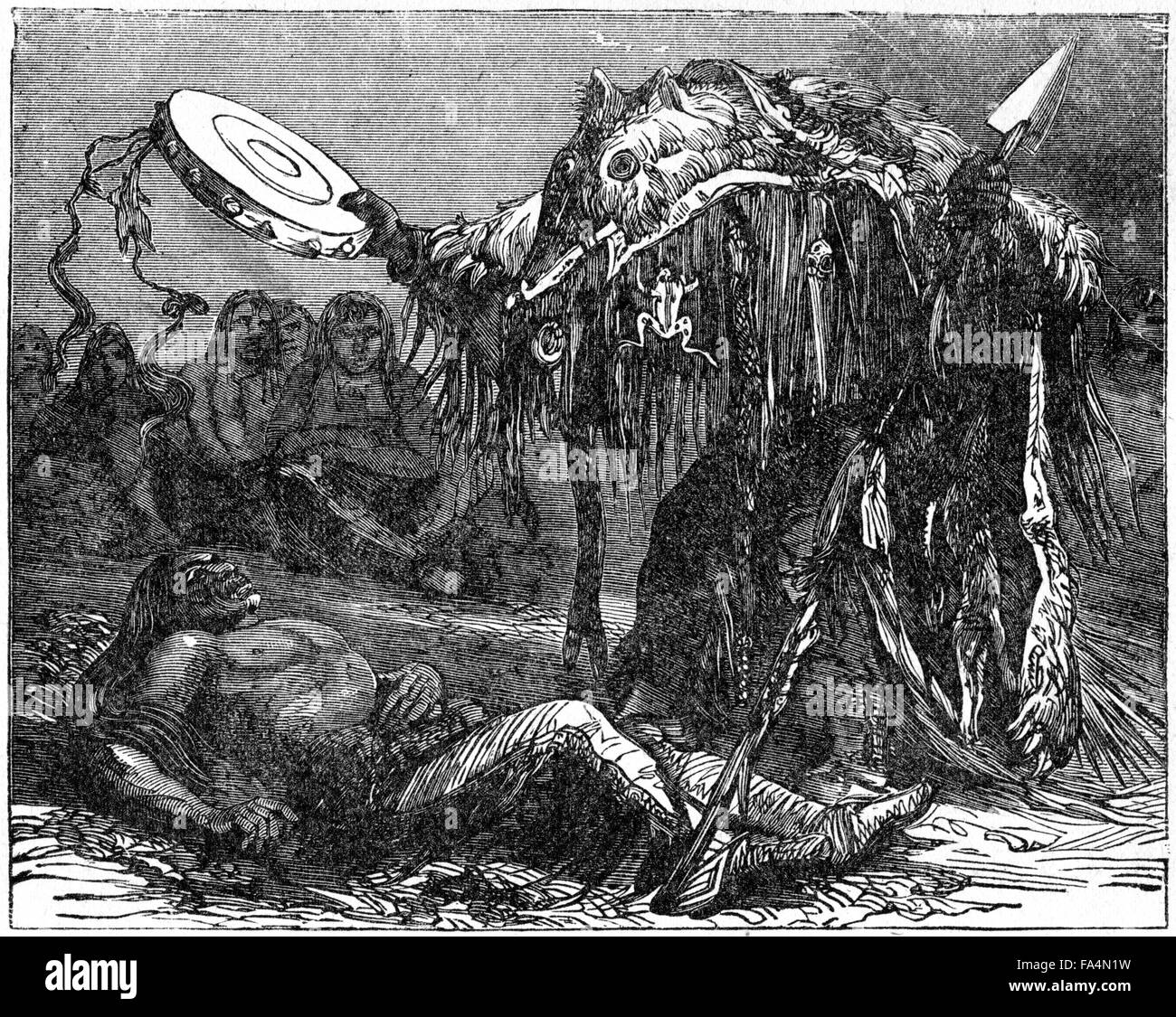 "Medicine Man seine Beschwörungen durchführen", Stamm nicht angegeben, Buchillustration vom "Indischen Schrecken oder Massaker von the Red Men", durch Henry Davenport Northrop, 1891 Stockfoto
