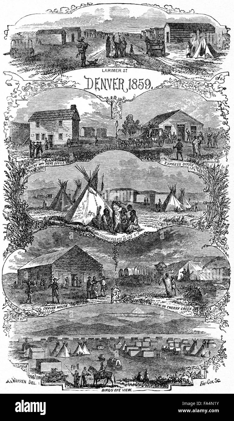 "Sieben Ansichten in Denver Colorado 1859", Buch Illustration aus "Jenseits des Mississippi", von Albert D. Richardson, 1867 Stockfoto