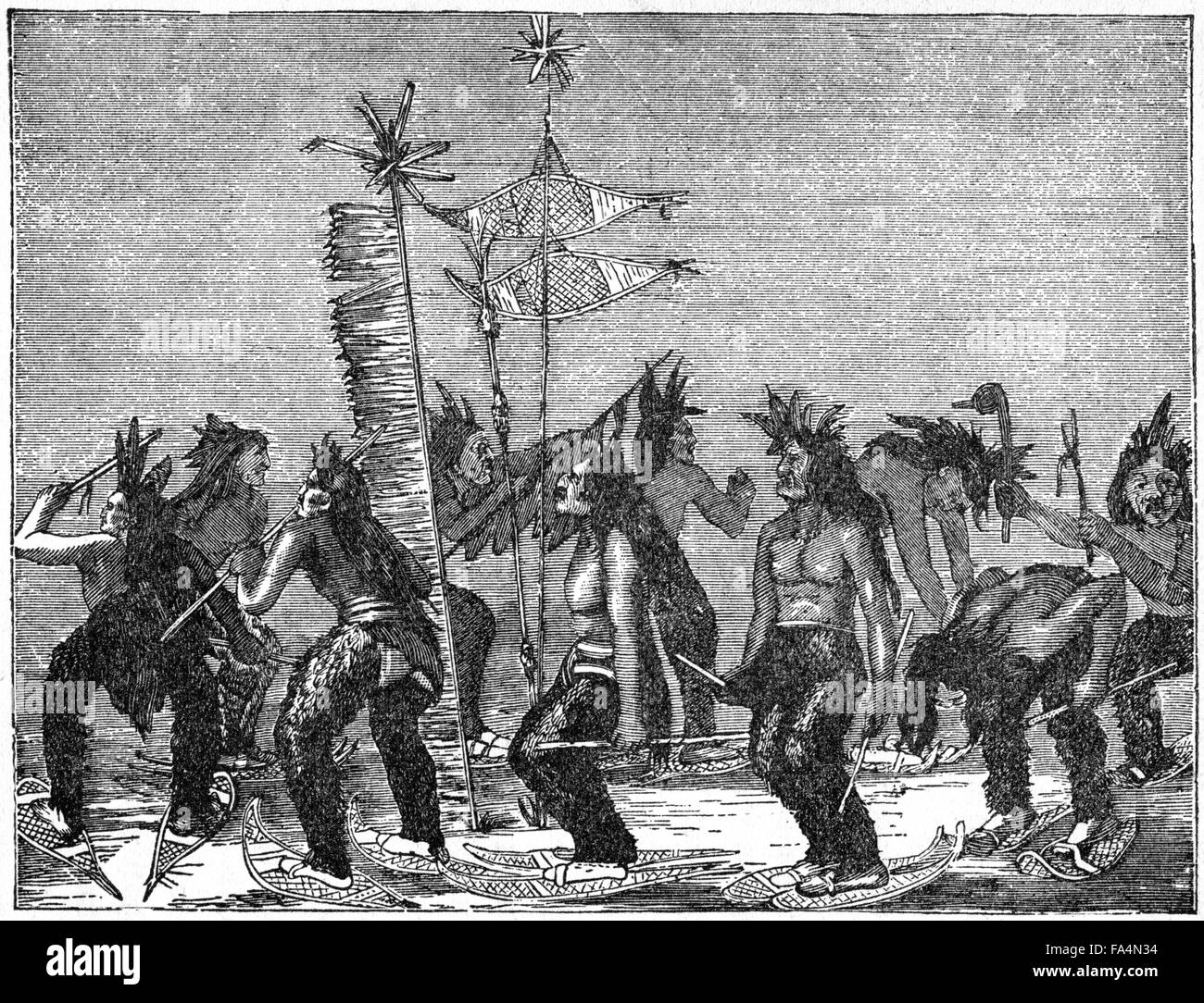 "Schneeschuh-Tanz der Apachen" Lithographie nach von George Catlin, 1844-45, Buchillustration vom "Indischen Schrecken oder Massaker von the Red Men", durch Henry Davenport Northrop, 1891 Stockfoto
