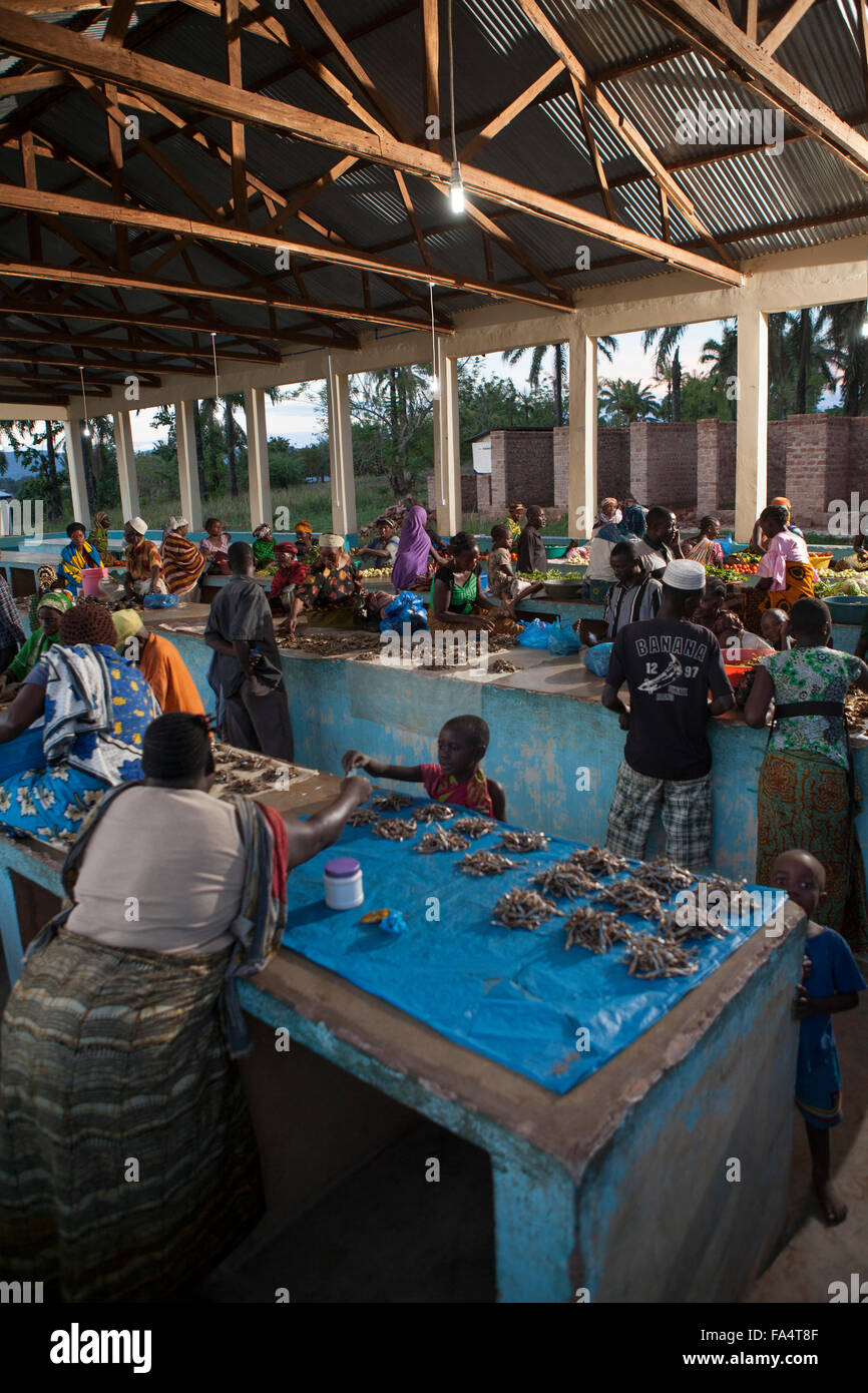 Ein nächtlicher Markt wird durch Solarenergie in Msimba Dorf, Kigoma Region, Westen Tansanias beleuchtet. Stockfoto