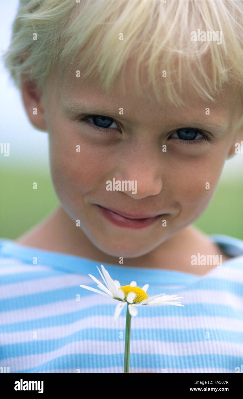 Porträt des jungen Mädchens hält ein Gänseblümchen. Stockfoto