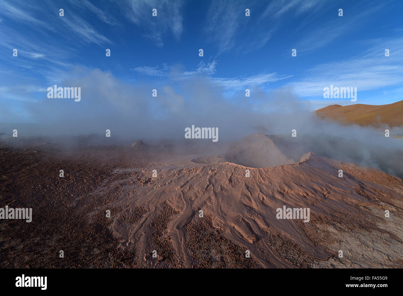 Heiße Quellen mit Schlammpfützen und Dampf, Geysirfeld, Sol de Mañana, Altiplano, Bolivien Stockfoto