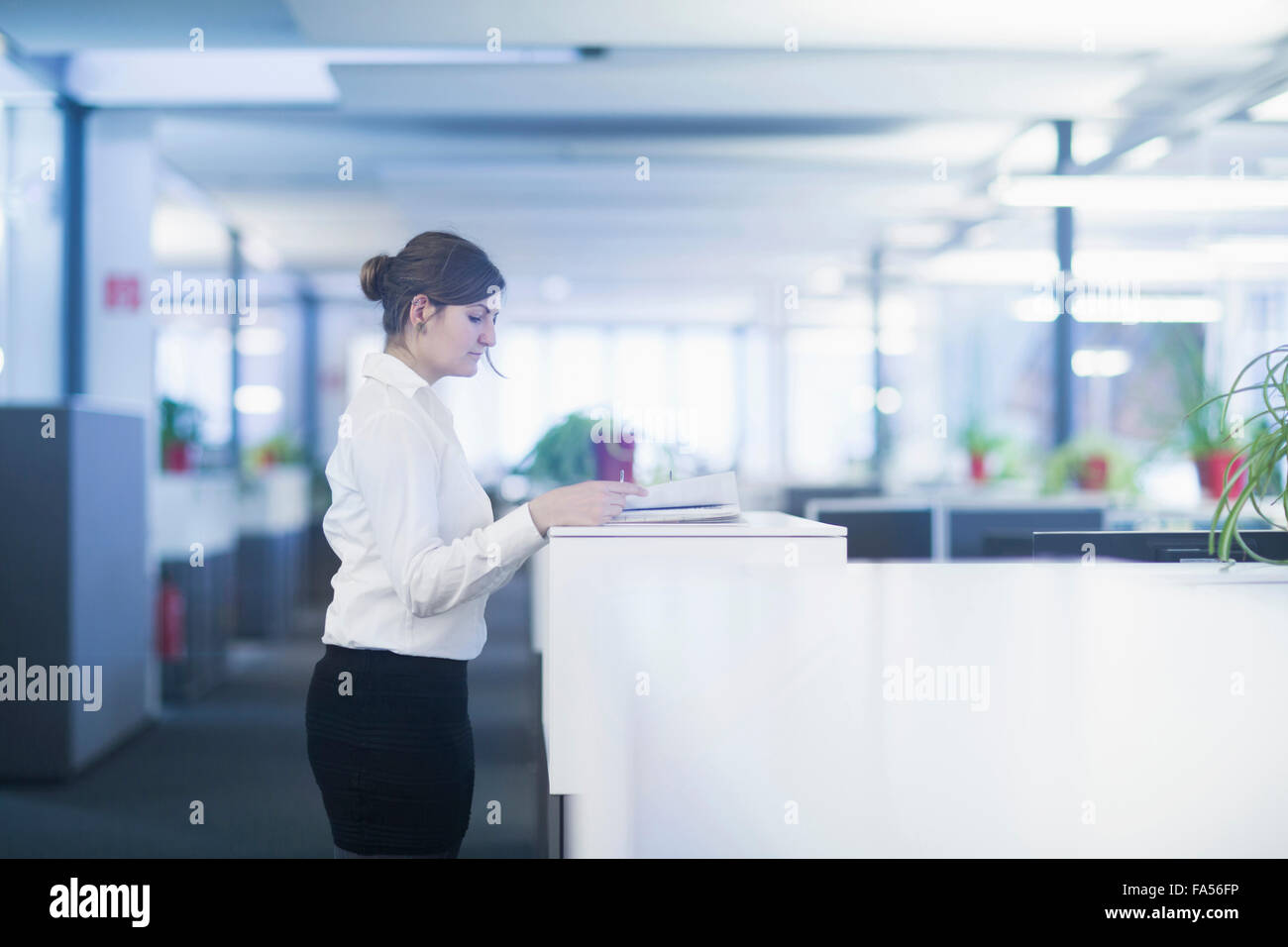 Geschäftsfrau stehend und liest Dokument in der Kabine, Freiburg im Breisgau, Baden-Württemberg Stockfoto