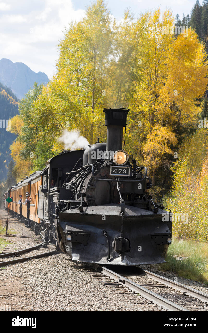 Durango & Silverton Narrow Gauge Railroad Dampfzug in den Animas River Canyon im südwestlichen Colorado. Stockfoto