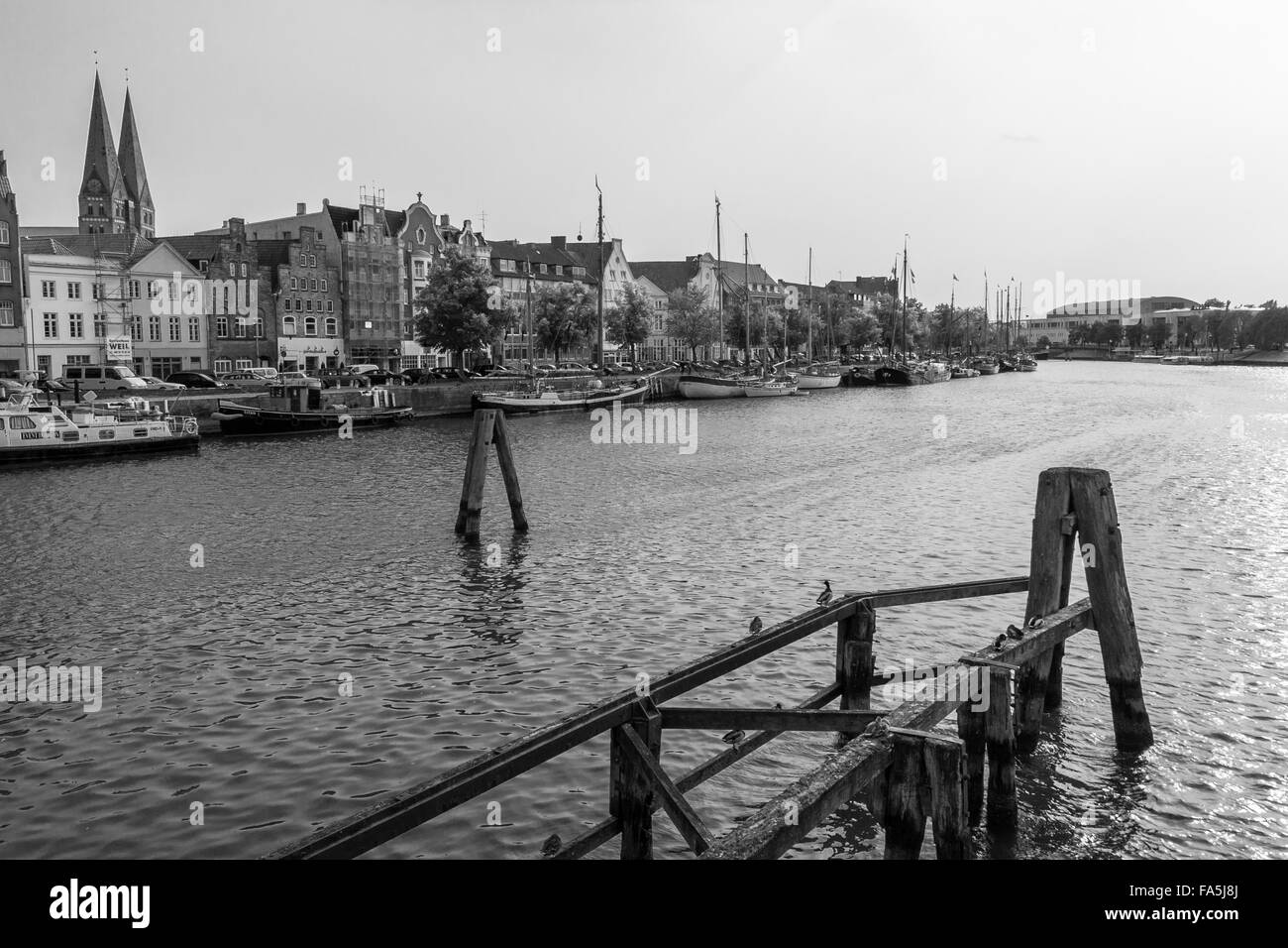 Boote auf der Trave in Lübeck Stockfoto