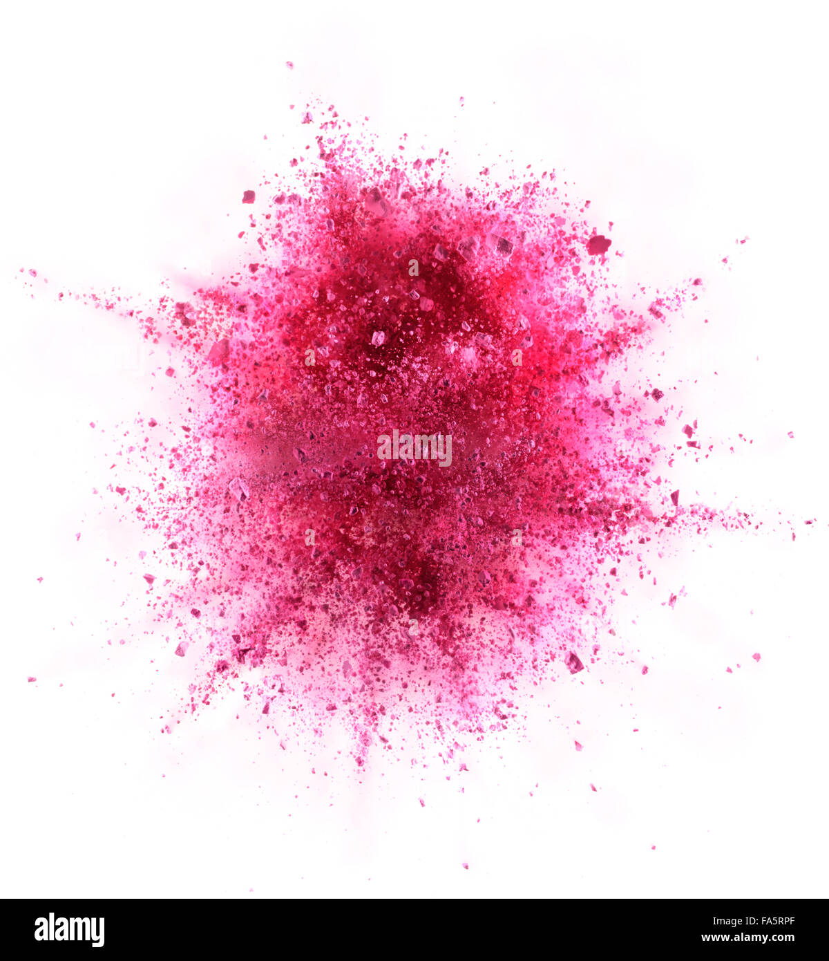Rosa Pulver-Explosion isoliert auf weißem Hintergrund Stockfoto