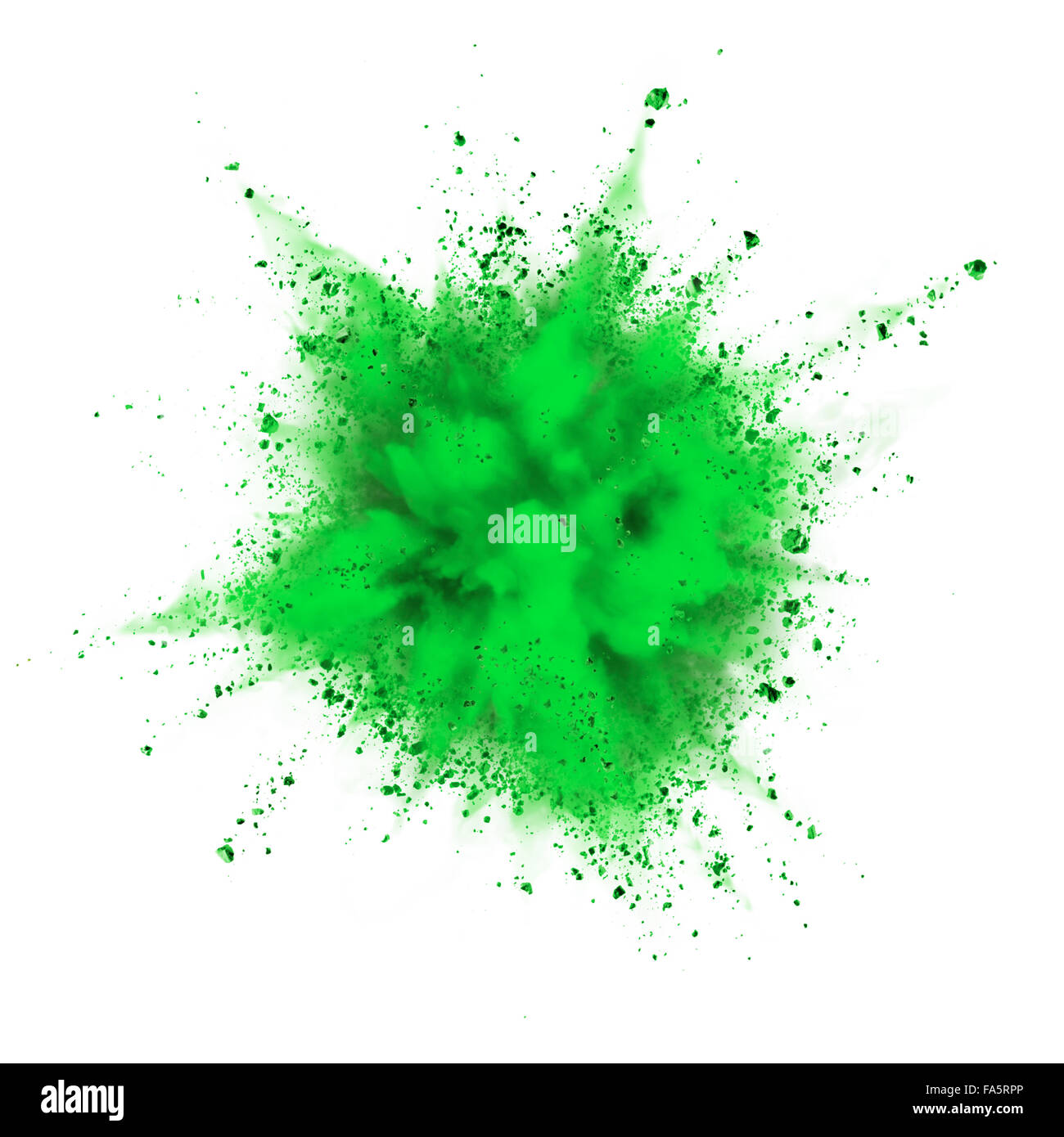 grünes Pulver-Explosion isoliert auf weißem Hintergrund Stockfoto