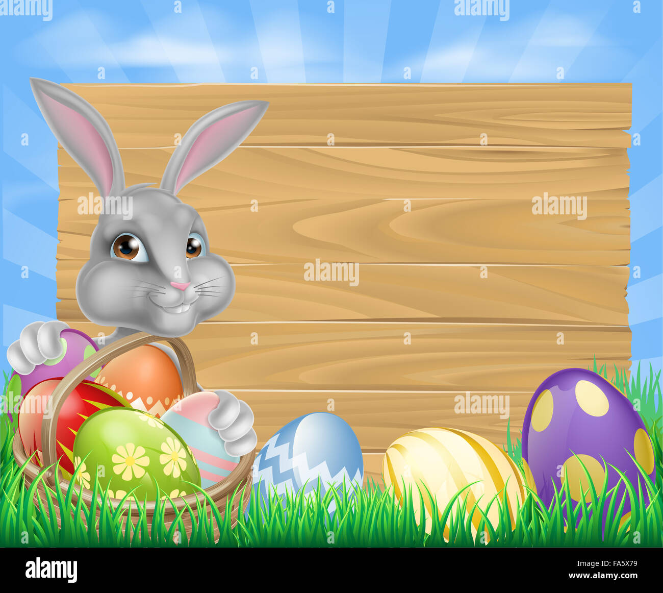 Cartoon Ostern Holzschild. Weiße Osterhase mit einem Korb voller ...