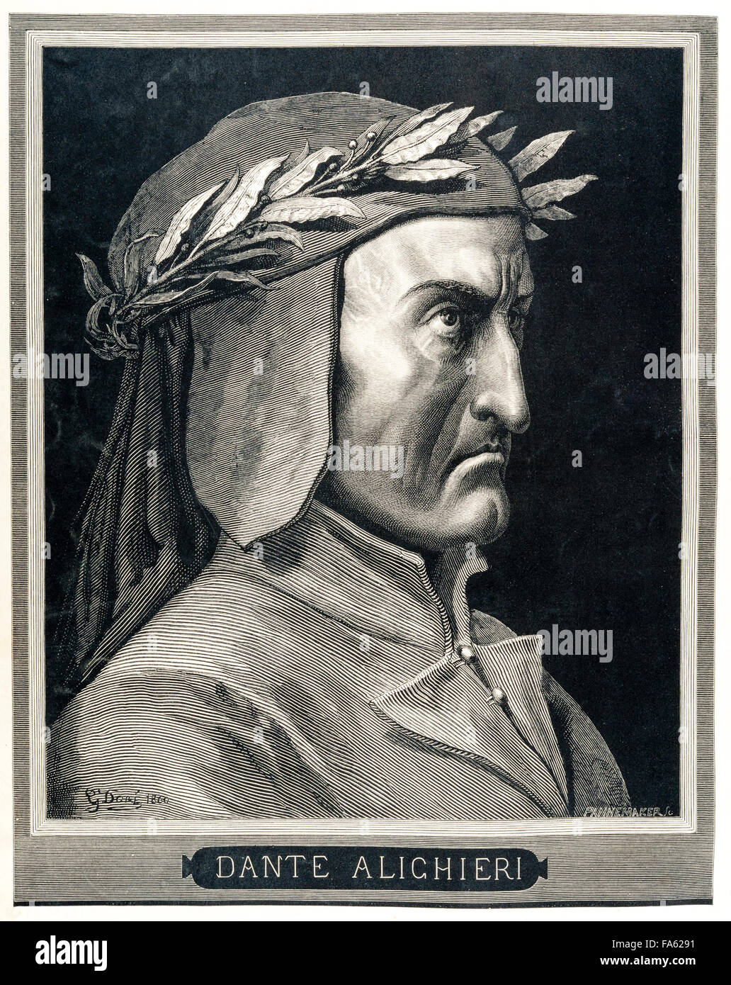 Die 13c italienischen Dichters Dante Alighieri, Autor der Göttlichen Komödie. Porträt des 19c französischen Künstlers Gustave Doré, ins Englische übersetzt und veröffentlicht im Jahr 1866 als Frontispiz zu "The Vision of Hell" (l'Inferno) Stockfoto