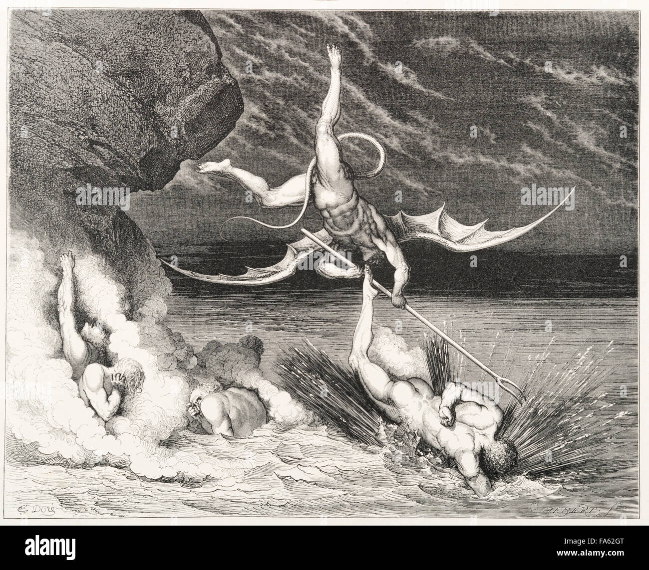 l'Inferno (The Vision of Hell) des 13c italienischen Dichters Dante Alighieri, illustriert von 19. Jahrhundert französischen Künstlers Gustave Doré. Den achten Kreis der Hölle, wo Betrug bestraft wird. Sünder werden in einem See mit kochendem Pech oder Teer geworfen. (Canto XXII, Linien 125-126) Stockfoto