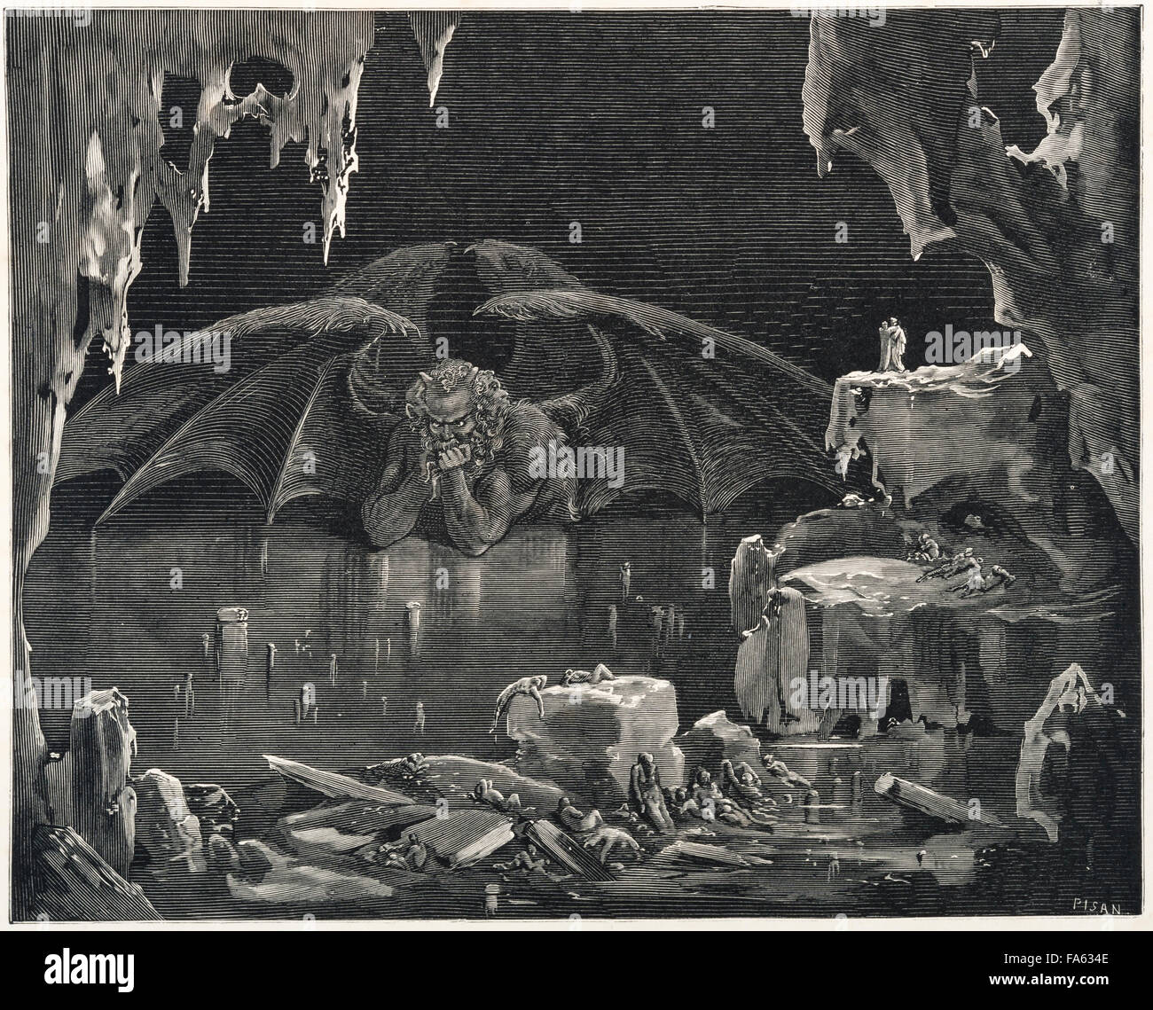 l'Inferno (The Vision of Hell) des 13c italienischen Dichters Dante Alighieri, illustriert von 19. Jahrhundert französischen Künstlers Gustave Doré. Satan (Luzifer oder Dis) ist in das Eisherz den neunten Kreis der Hölle, eingesperrt, wo Verrat bestraft wird. (Canto XXXIV, Zeilen 20-21) Stockfoto