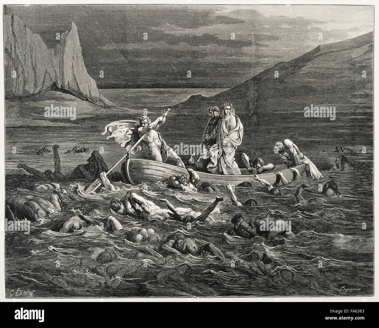 l'Inferno (The Vision of Hell) des 13c italienischen Dichters Dante Alighieri, illustriert von 19. Jahrhundert französischen Künstlers Gustave Doré. Im fünften Kreis der Hölle, wo die zornvollen bestraft werden, überqueren Dante und Vergil den Fluss Styx. Es ist der Fährmann Phlegyas. (Canto VIII, Zeilen 27-29) Stockfoto