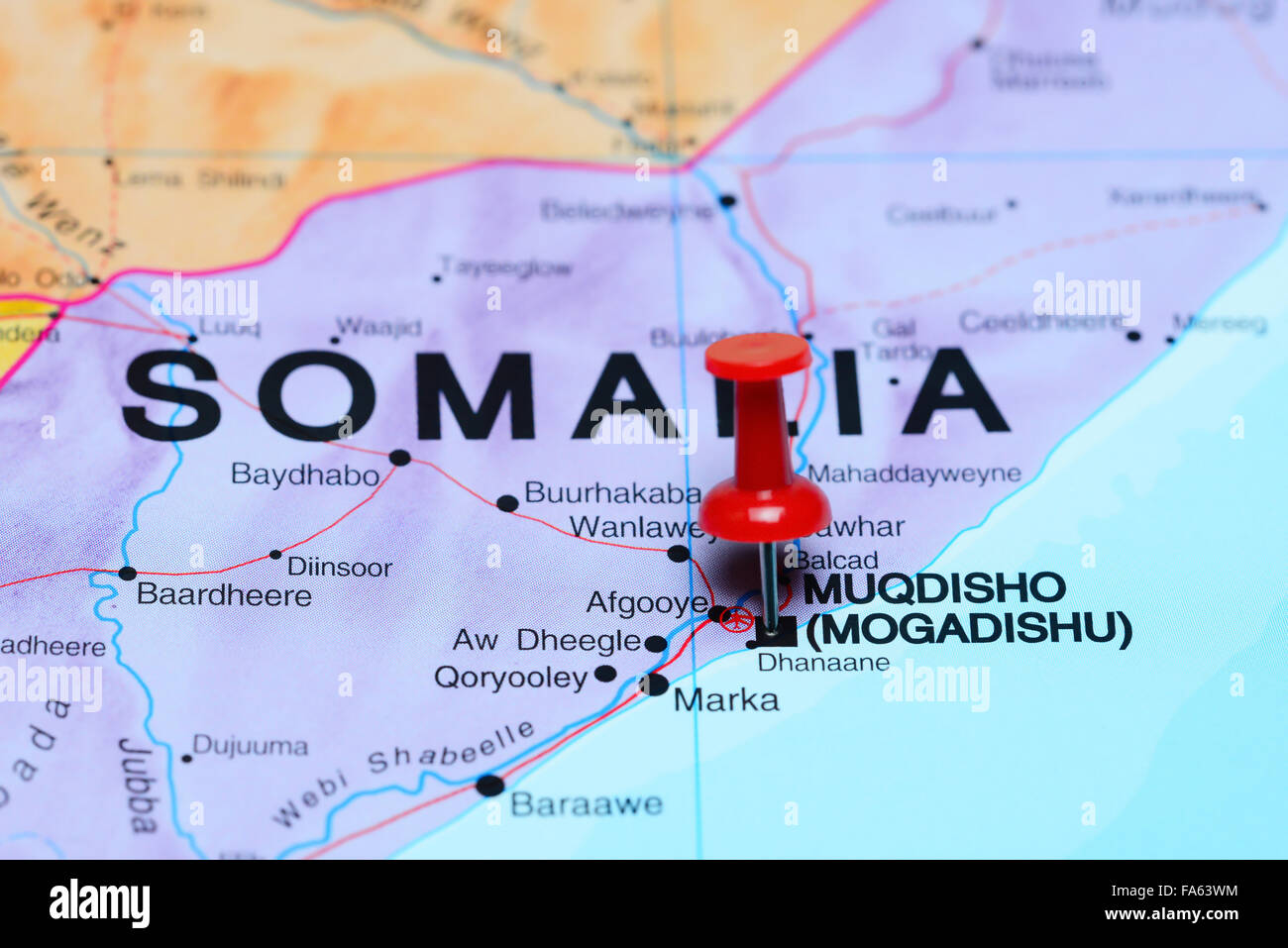 Mogadischu, fixiert auf einer Karte von Afrika Stockfoto