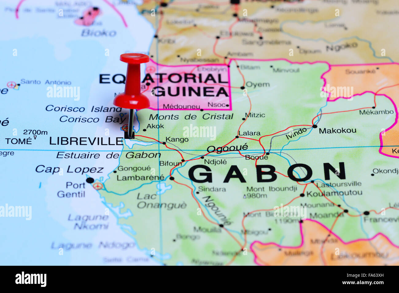 Libreville, fixiert auf einer Karte von Afrika Stockfoto