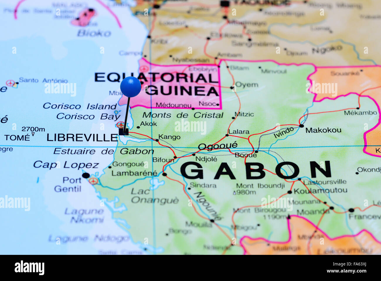 Libreville, fixiert auf einer Karte von Afrika Stockfoto