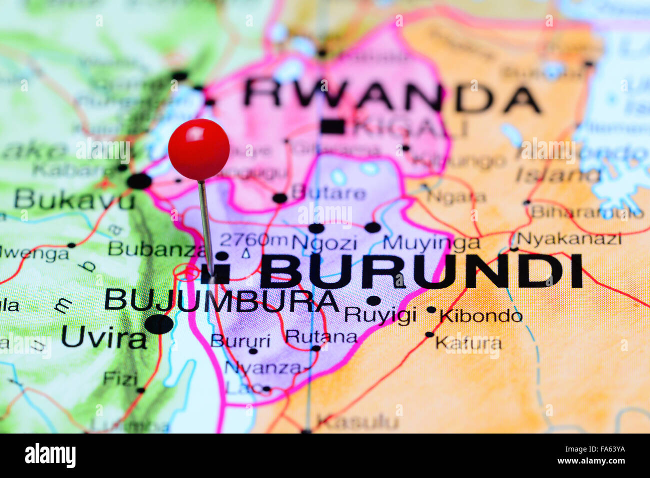 Bujumbura, fixiert auf einer Karte von Afrika Stockfoto
