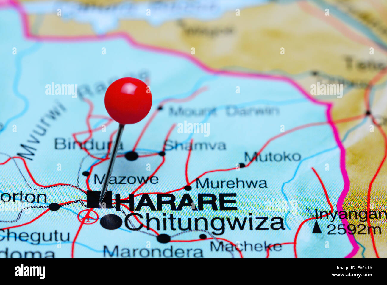 Harare, fixiert auf einer Karte von Afrika Stockfoto